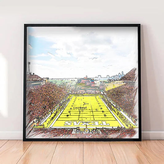 Darrell K Royal-Texas Memorial Stadium Print, Artist Drawn Football Stadium, Texas Longhorns Football