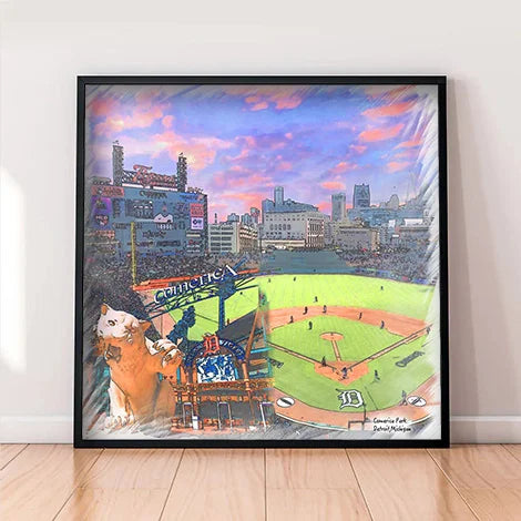 Comerica Park Print, Artist Drawn Baseball Stadium, Detroit Tigers Baseball