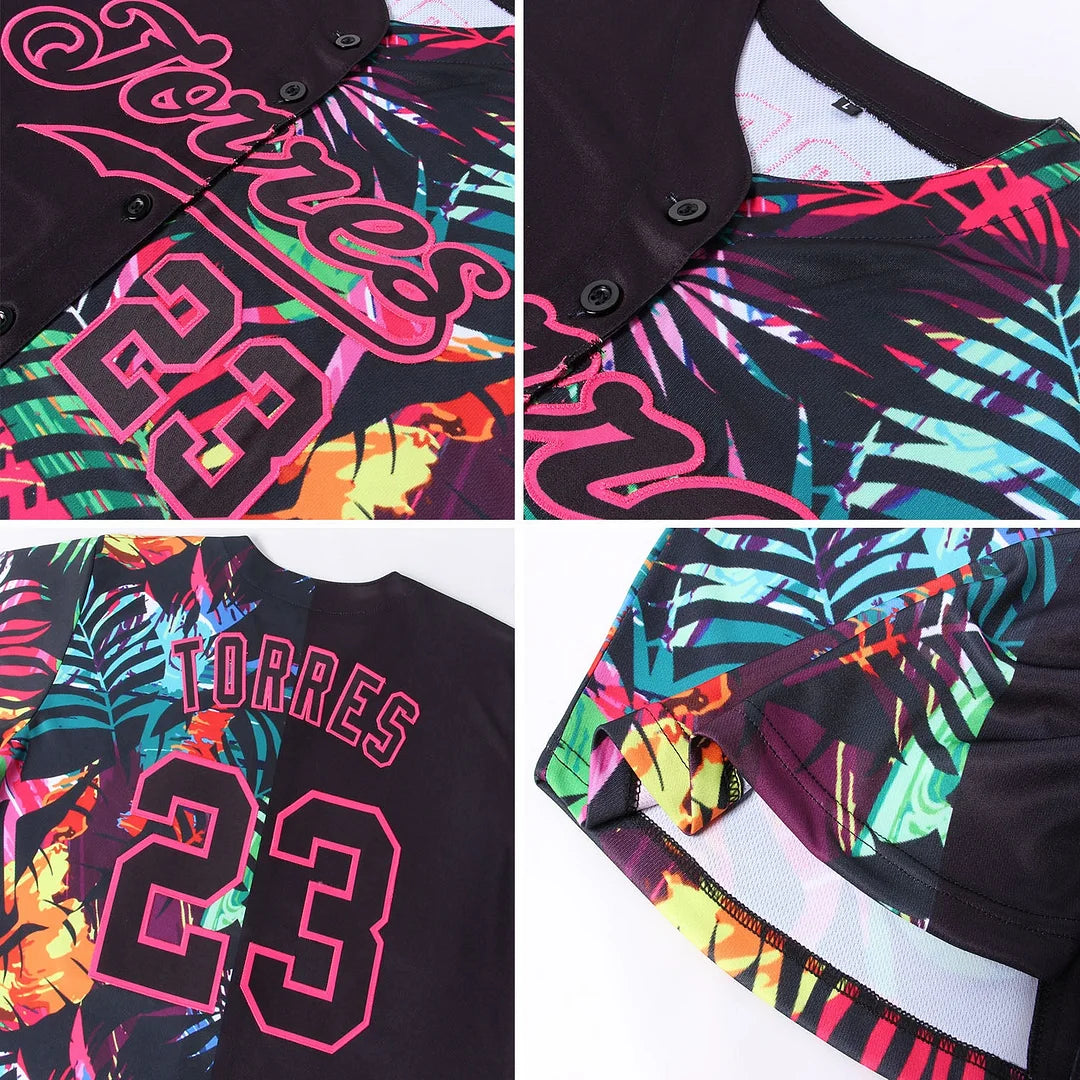 Custom Black Black-Pink 3D Pattern Design Tropical Palm Leaves Authentic Baseball Jersey