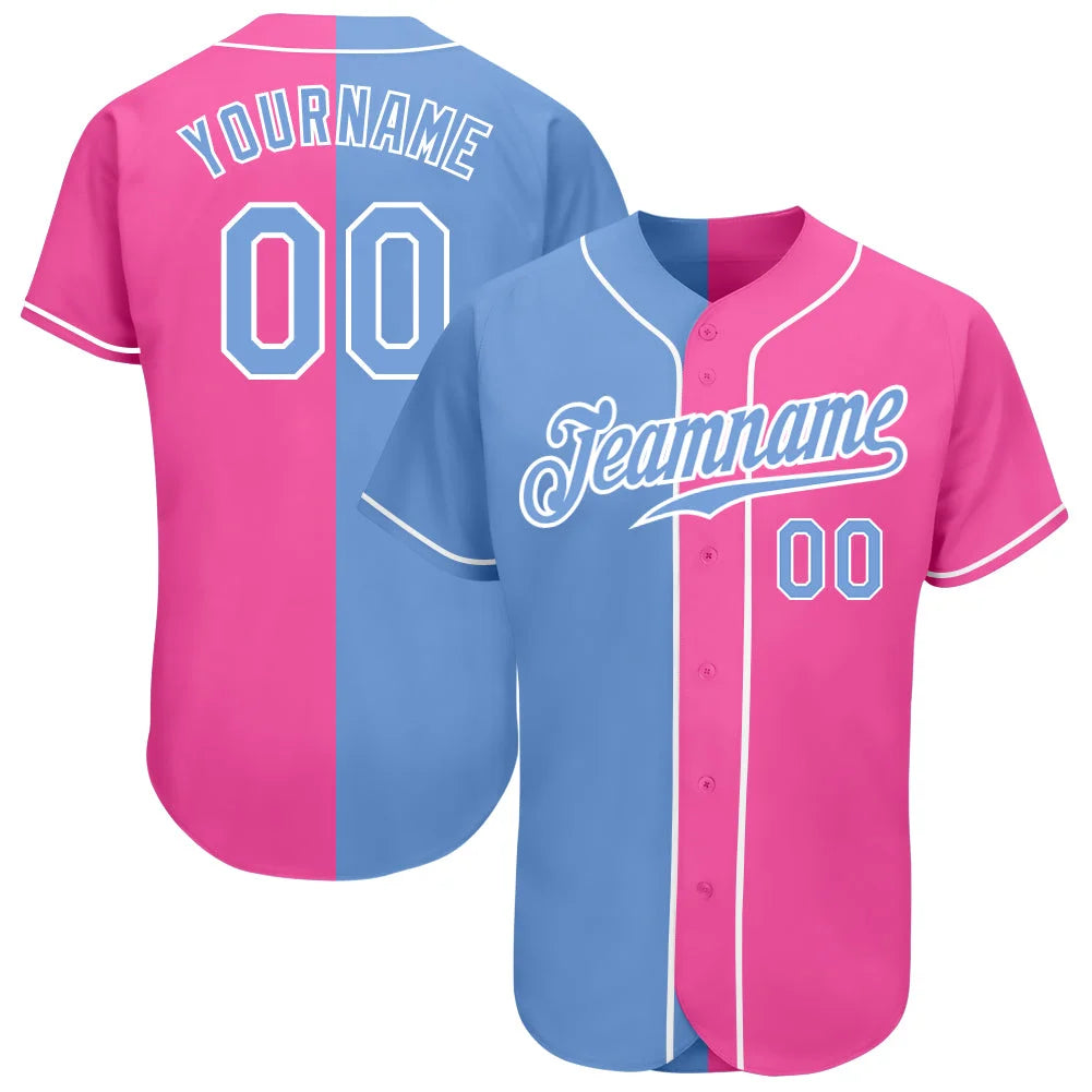 Custom Pink Light Blue-White Authentic Split Fashion Baseball Jersey