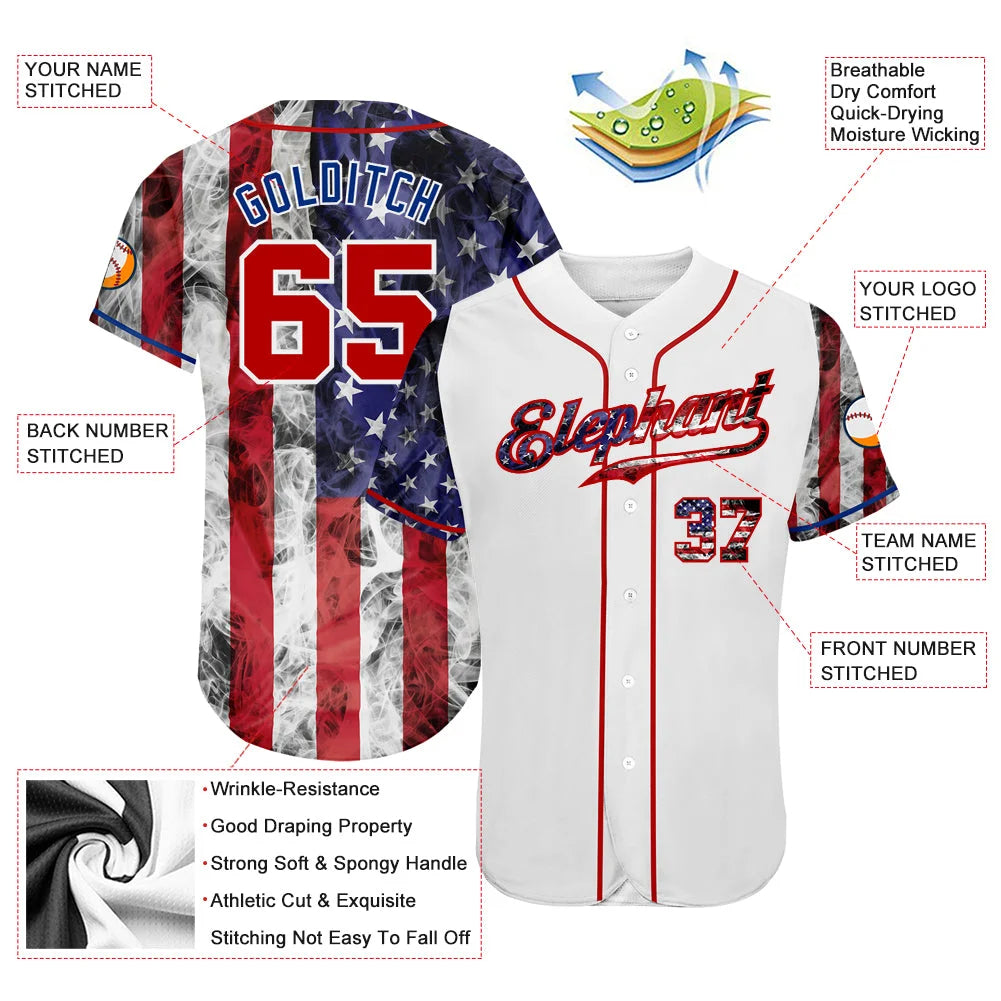 Custom White Red-Royal 3D American Flag Authentic Baseball Jersey