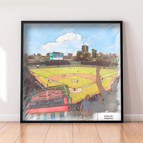 Wrigley Field Print, Artist Drawn Baseball Stadium, Chicago Cubs Baseball