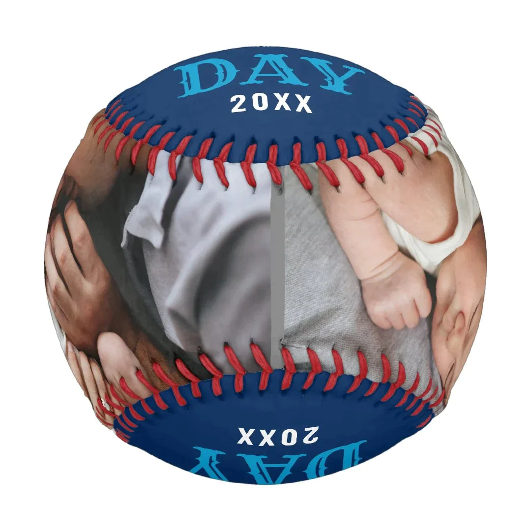 Modern 1st Fathers Day Baby Photo Typography Blue Baseball And Softball