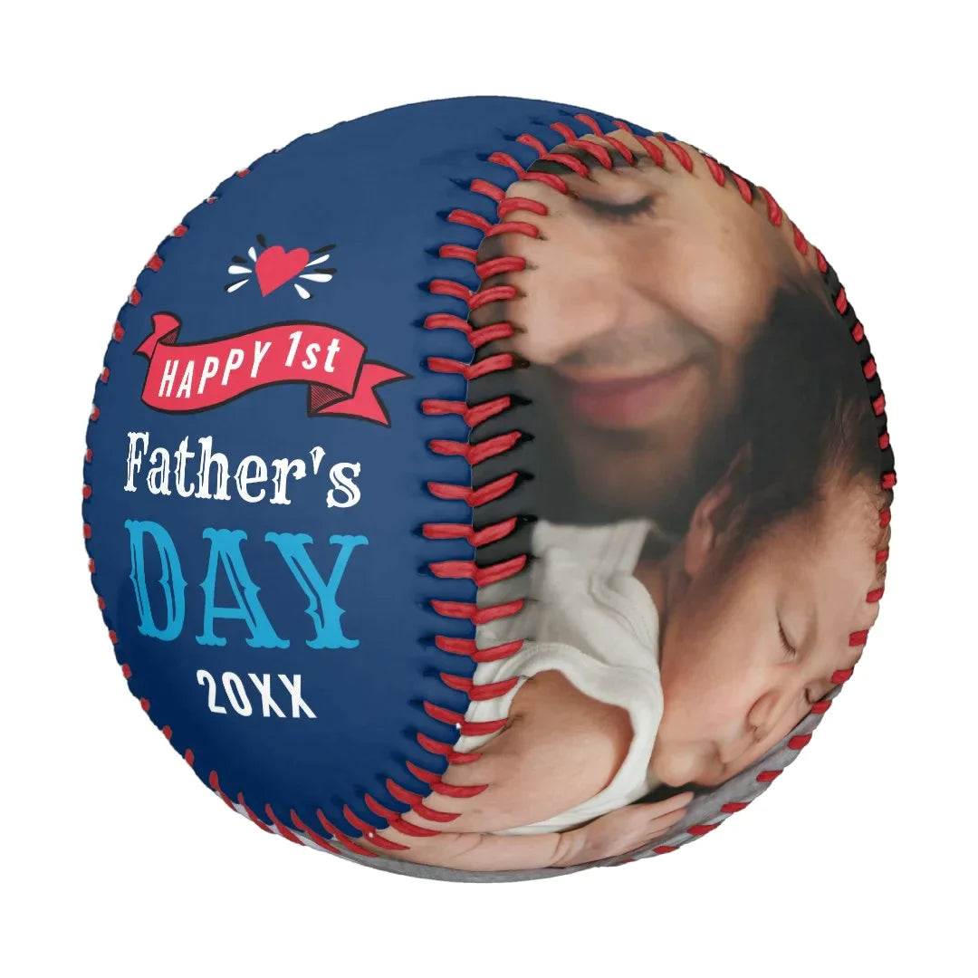 Modern 1st Fathers Day Baby Photo Typography Blue Baseball And Softball